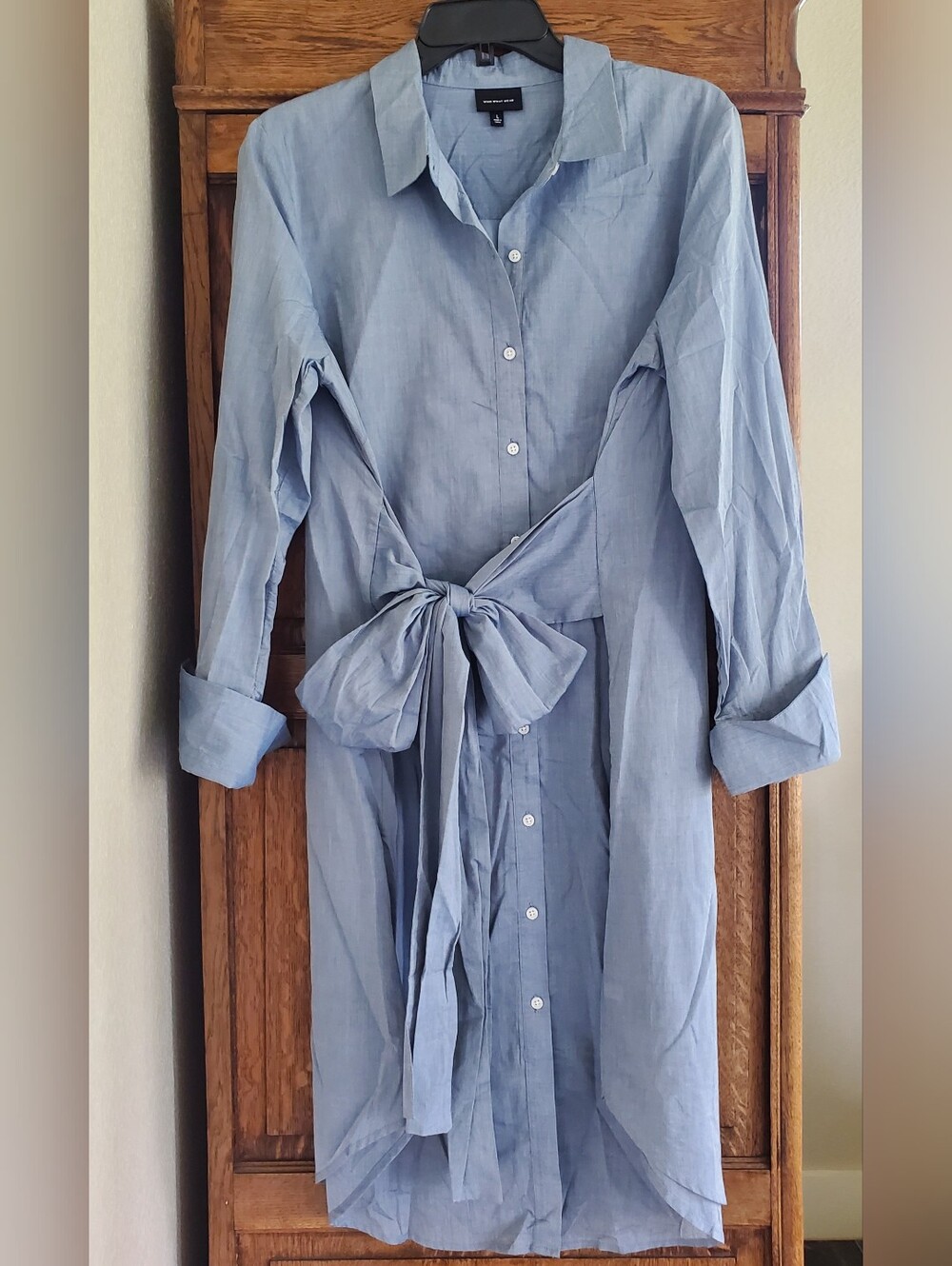 WHO WHAT WEAR CHAMBRAY BLUE COTTON Midi SHIRT-DRESS L NWOT